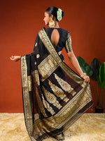 Load image into Gallery viewer, Aanchal or pallu of Ichchhapuron's Raat Rani, a black Matka Baluchari woven in Phulia, Bengal
