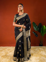 Load image into Gallery viewer, Model wearing Ichchhapuron's Raat Rani, a black Matka Baluchari woven in Phulia, Bengal