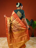 Load image into Gallery viewer, Aanchal or pallu of Ichchhapuron's Kalaa saree, a tissue Kanjeevaram with Kalamkari weave and a broad golden border
