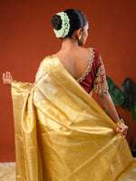 Load image into Gallery viewer, Aanchal or pallu of Ichchhapuron's Sona saree, a tissue kanjeevaram with a broad golden border and traditional weave