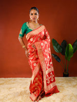 Load image into Gallery viewer, Model wearing Ichchhapuron's Sanskriti saree, a katan silk Benarasi with Alfi jaal and meenakari work in gold and silver thread