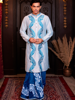 Load image into Gallery viewer, Sky blue alpona on Navy blue Dhoti
