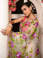Load image into Gallery viewer, Floral handpainted organza saree - white