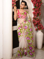 Load image into Gallery viewer, Floral handpainted organza saree - white