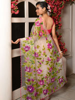 Load image into Gallery viewer, Floral handpainted organza saree - white