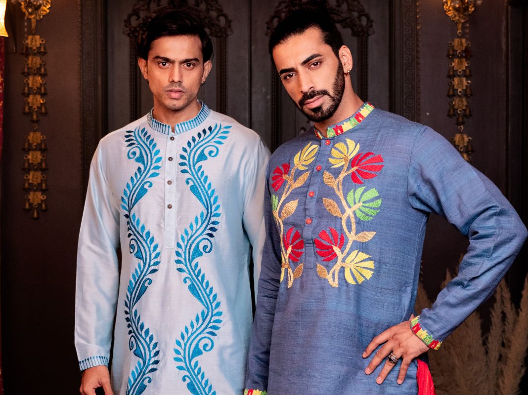 Expressive and bold traditional Indian menswear with unique accents for Durga Pujo
