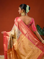 Load image into Gallery viewer, Aanchal or pallu of Ichchhapuron's Akriti saree, a tissue Kanjeevaram with Kalamkari jaal or net work