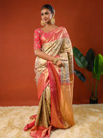 Load image into Gallery viewer, Model wearing Ichchhapuron's Akriti saree, a tissue Kanjeevaram with Kalamkari jaal or net work