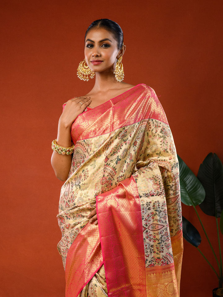 Model wearing Ichchhapuron's Akriti saree, a tissue Kanjeevaram with Kalamkari jaal or net work