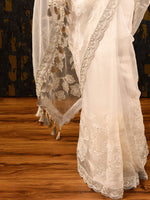 Load image into Gallery viewer, Focus on the floral applique and zardosi and aari embroidery in Ichchhapuron&#39;s Mallika saree
