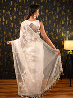 Load image into Gallery viewer, Aanchal or pallu of Ichchhapuron&#39;s Mallika saree, which is made of pure organza, with applique and zardosi and aari embroidery
