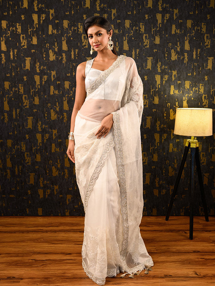 Model wearing Ichchhapuron's Mallika saree, which is made of pure organza, with applique and zardosi and aari embroidery