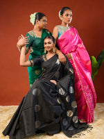Load image into Gallery viewer, Models in colour variants of Ichchhapuron's Polka saree, a contemporary polka dotted Kanjeevaram, in three colours - pink, green and black