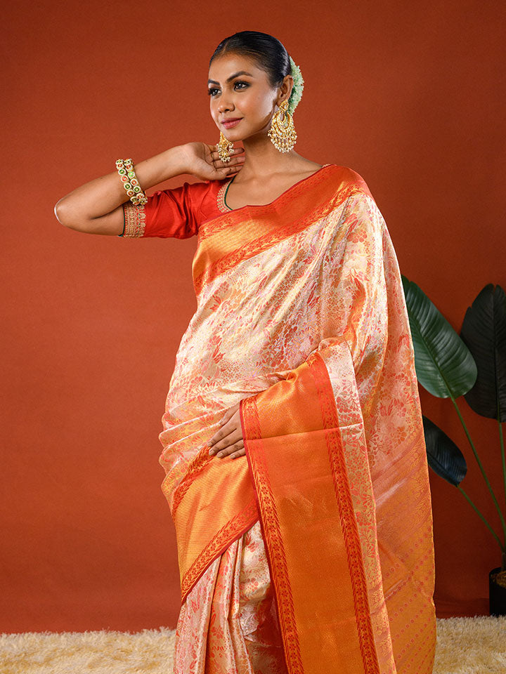 Model wearing Ichchhapuron's Zinia saree, a tissue Kanjeevaram with all over jaal or net design in zari