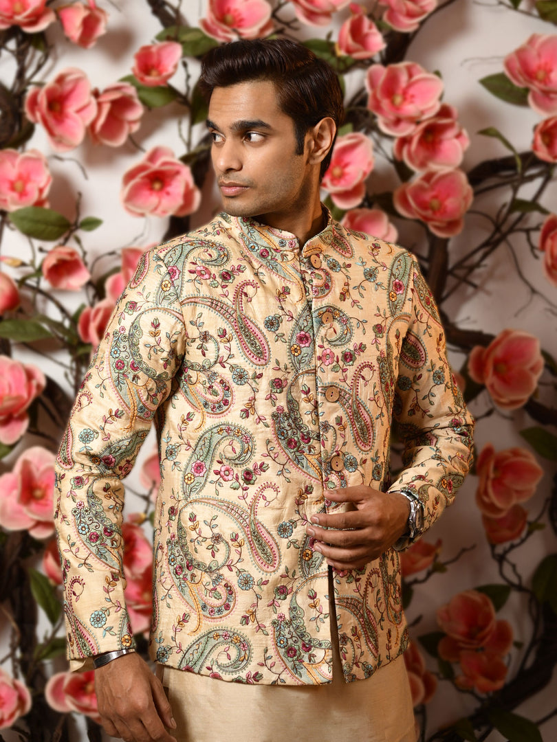Chanchal 2 - Embroidered Bandh-gala jacket (sea green & red)