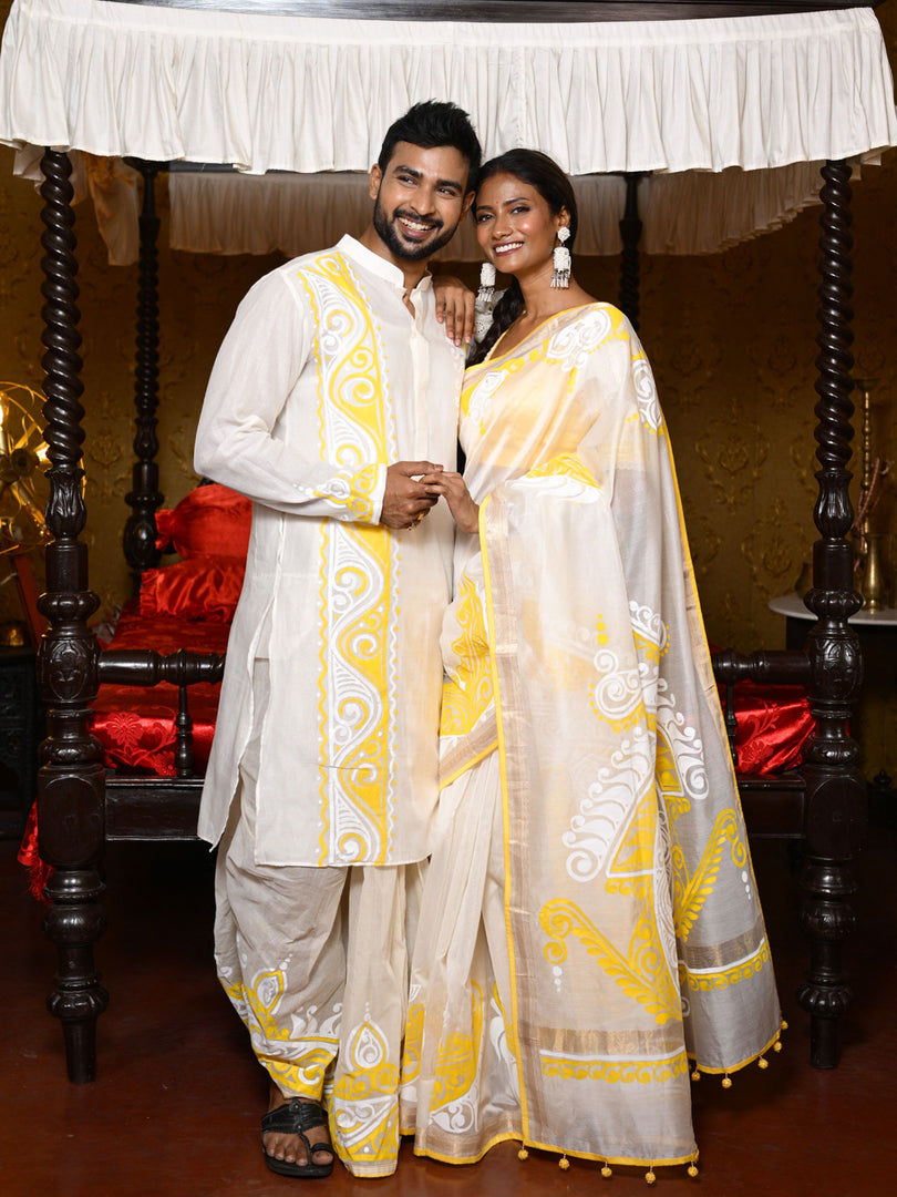 Basanto alpona duet set - Offwhite & Yellow