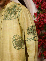 Goutam 2 - tussar panjabi with cutwork (Lemon green)