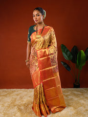 Model wearing Ichchhapuron's Kalaa saree, a tissue Kanjeevaram with Kalamkari weave and a broad golden border