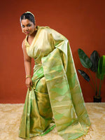 Load image into Gallery viewer, Model wearing Ichchhapuron&#39;s Midori saree, a modern reinterpretation of the Kanjeevaram saree with geometric patterns
