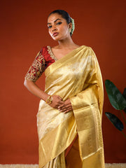 Model wearing Ichchhapuron's Sona saree, a tissue kanjeevaram with a broad golden border and traditional weave