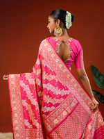 Load image into Gallery viewer, Aanchal or pallu of Ichchhapuron&#39;s Gulaab saree, an exclusive Benarasi on katan silk, with Alfi zari and handwoven lehriya design
