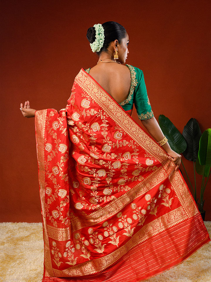 Aanchal or pallu of Ichchhapuron's Sanskriti saree, a katan silk Benarasi with Alfi jaal and meenakari work in gold and silver thread