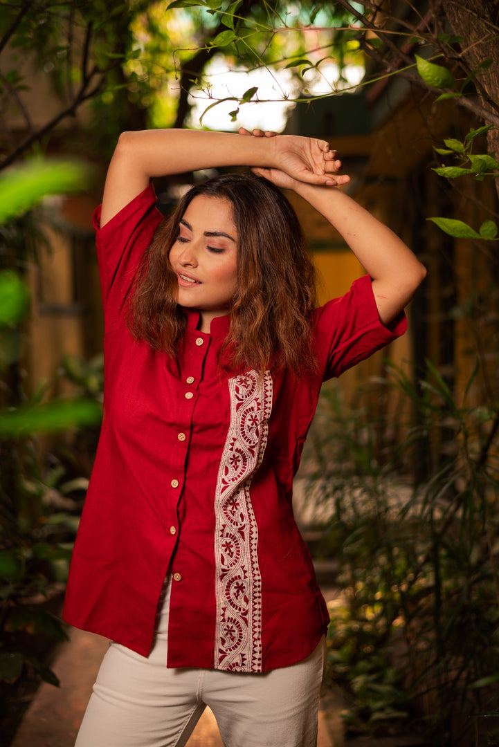 Red kantha pocket shirt