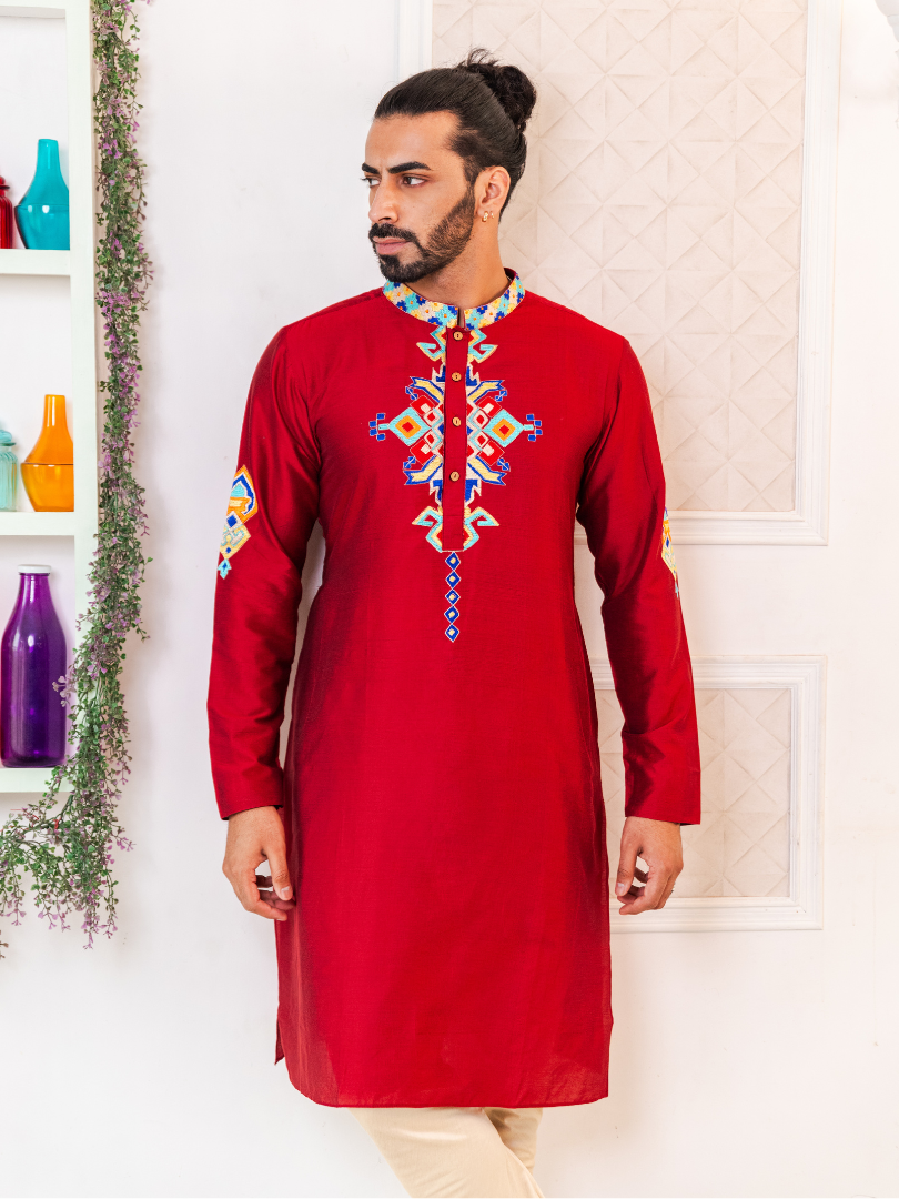 Maroon Indra - embroidered panjabi