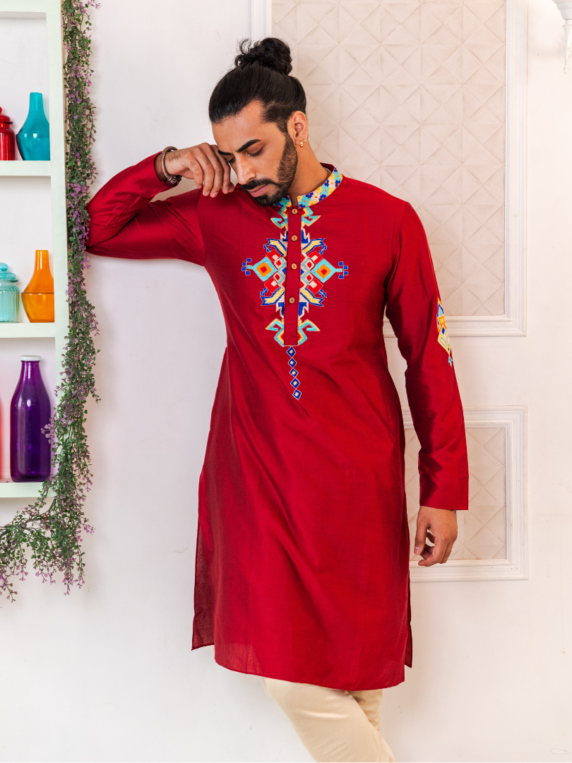 Maroon Indra - embroidered panjabi