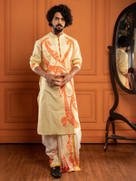 Load image into Gallery viewer, Yellow and tangerine on off-white Dhoti
