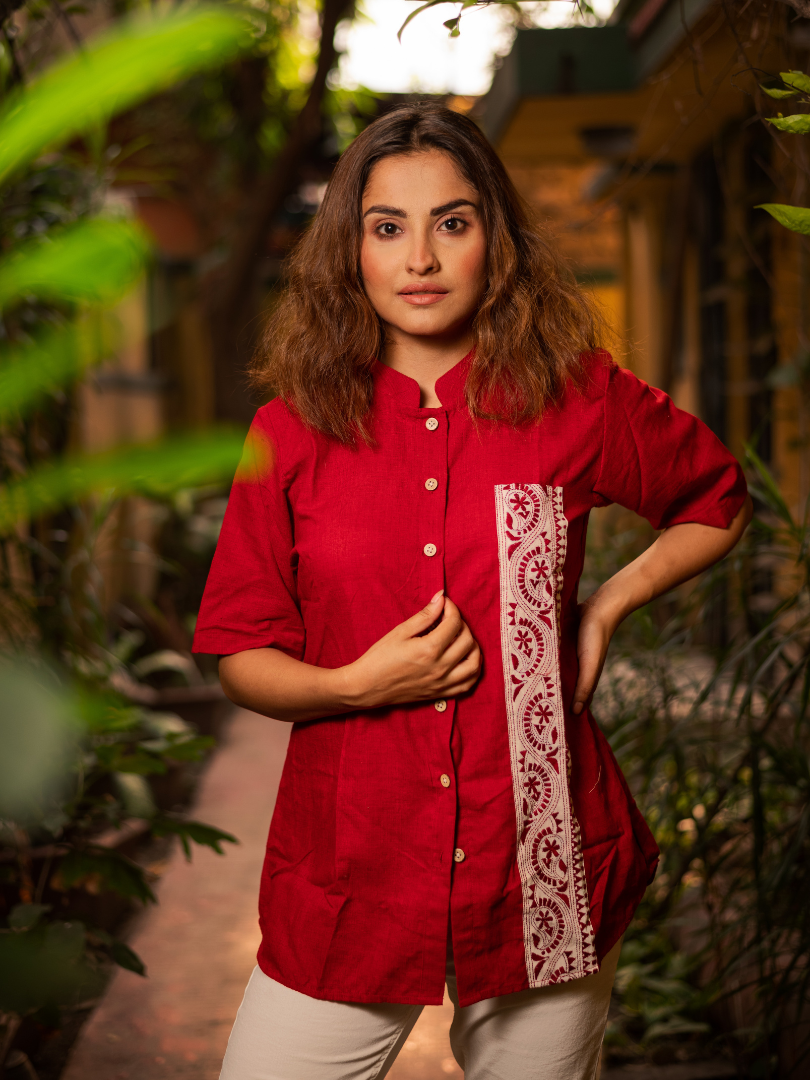 Red kantha pocket shirt