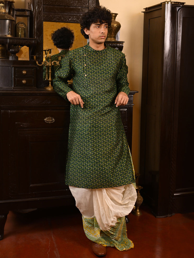 Harit printed tussar panjabi - Green