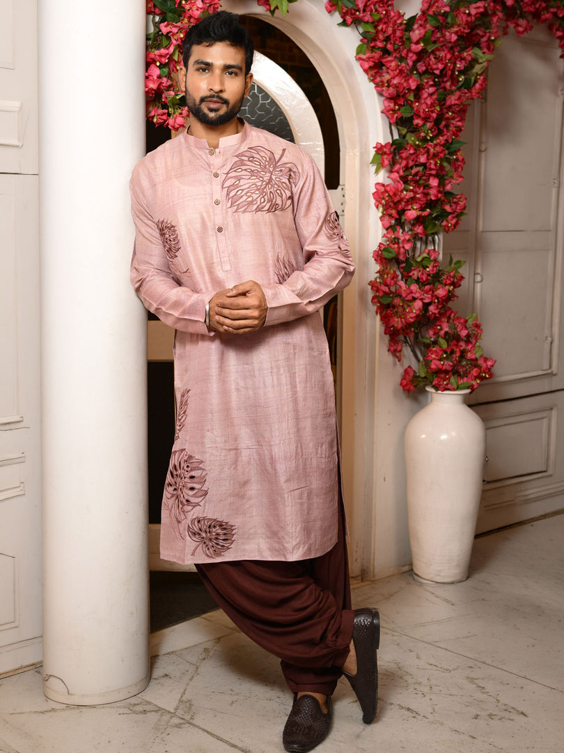 Monstera cutwork tussar panjabi - Dusty rose