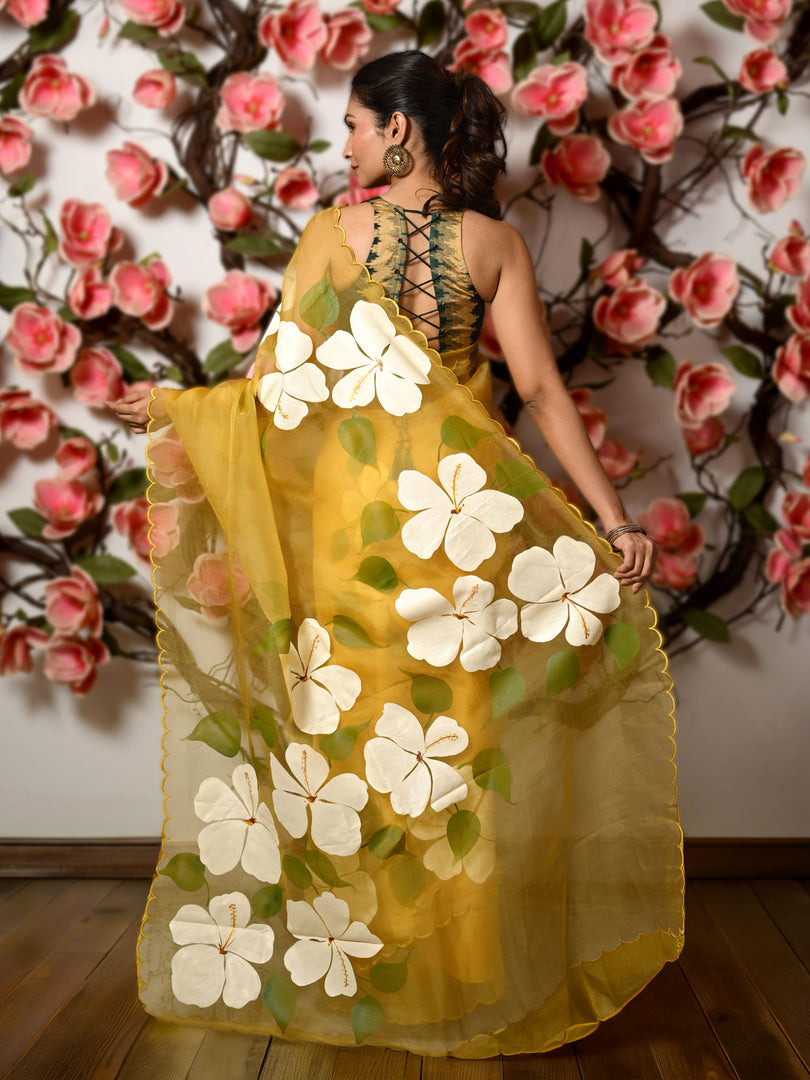 Floral handpainted organza saree - yellow