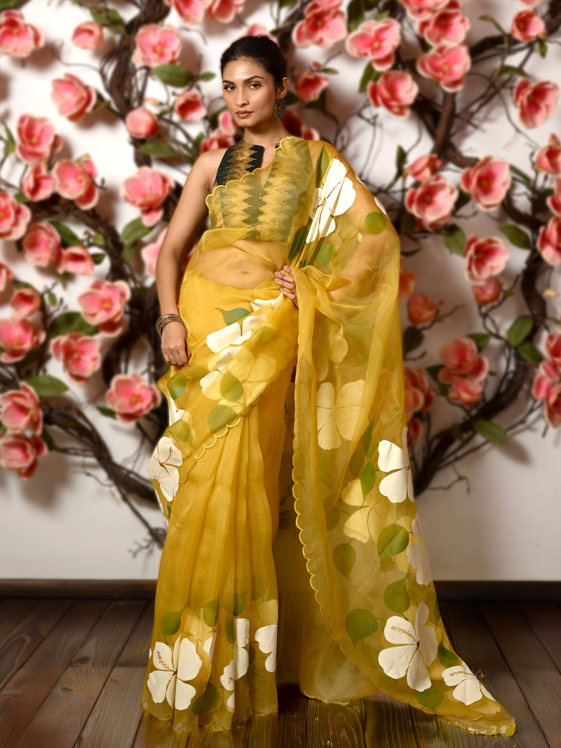 Floral handpainted organza saree - yellow