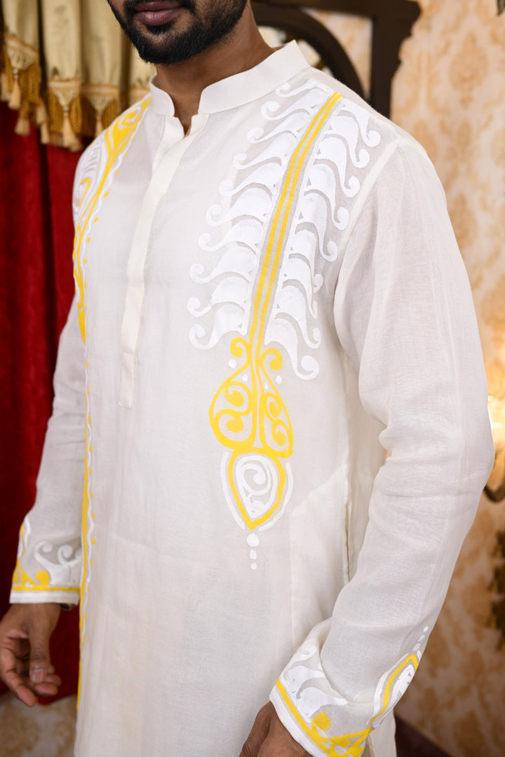 Dhiren 4 - chanderi panjabi (off white & yellow)
