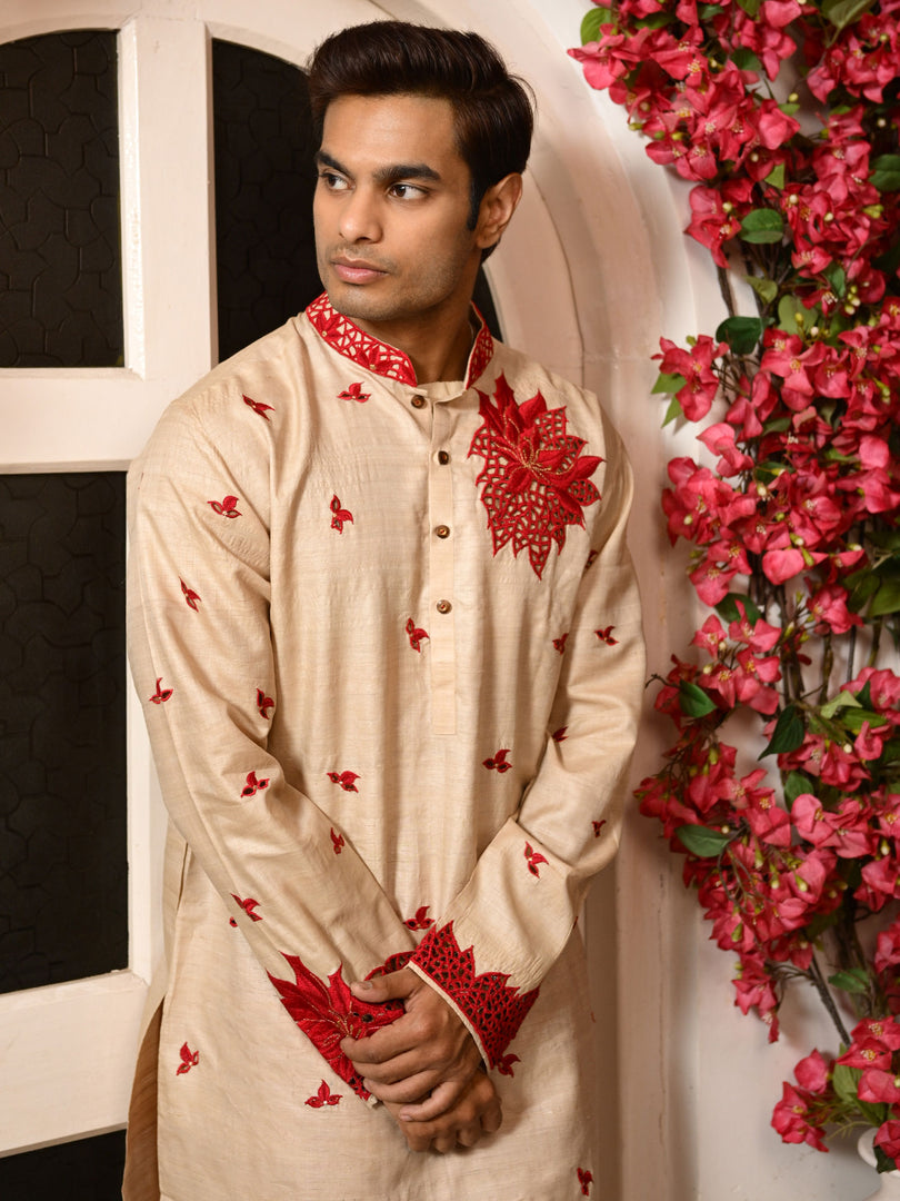 Poinsettia cutwork tussar panjabi
