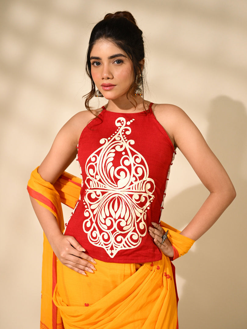 Dori top with alpona - white on red