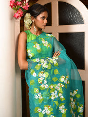 Shiuli phool handpainted organza saree