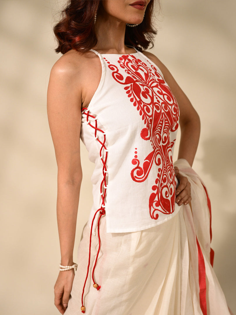 Dori top with alpona - red on white